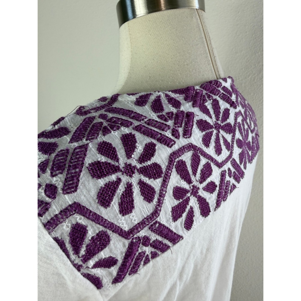 Lucky Brand Womens Small White Purple Embroidered Peasant Top Tassel Boho Blouse - Picture 8 of 8